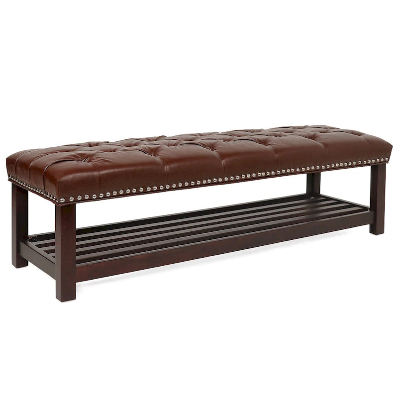 Panca imbottita capitonné da fondo letto con bordatura borchiata e ripiano