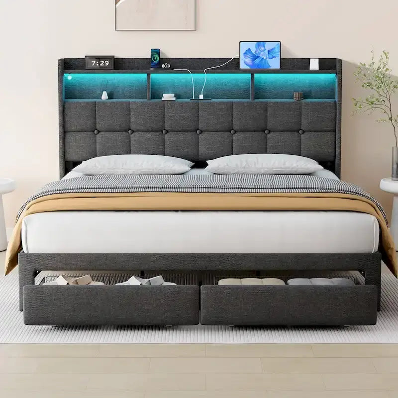 Letto matrimoniale king size con testiera di ricarica, luci RGB e porte USB da 20W