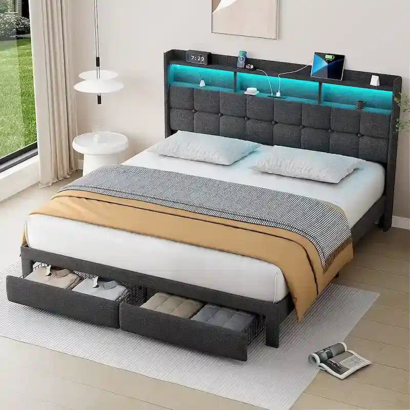 Letto matrimoniale king size con testiera di ricarica, luci RGB e porte USB da 20W