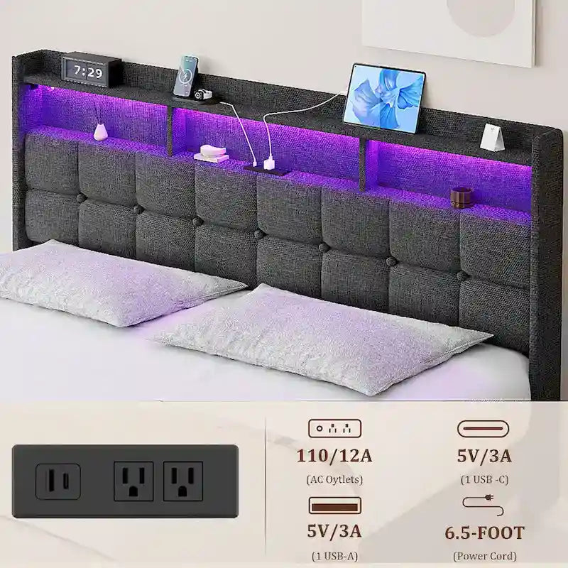 Letto matrimoniale king size con testiera di ricarica, luci RGB e porte USB da 20W