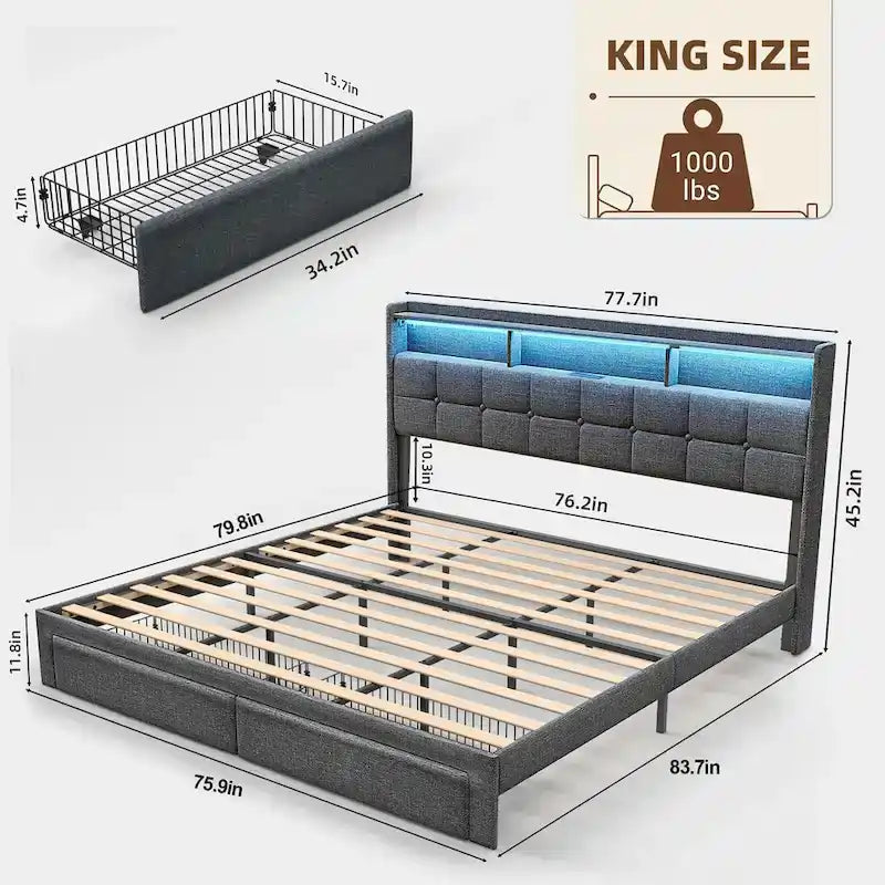 Letto matrimoniale king size con testiera di ricarica, luci RGB e porte USB da 20W