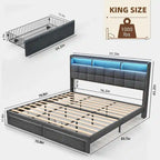 Letto matrimoniale king size con testiera di ricarica, luci RGB e porte USB da 20W