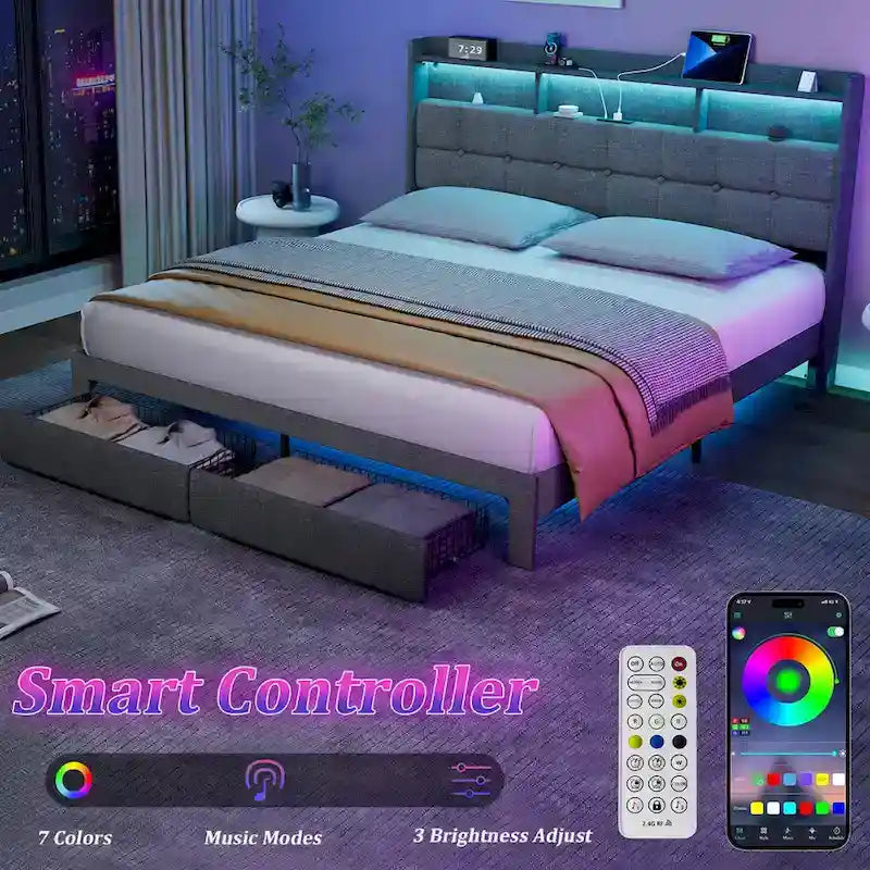 Letto matrimoniale king size con testiera di ricarica, luci RGB e porte USB da 20W