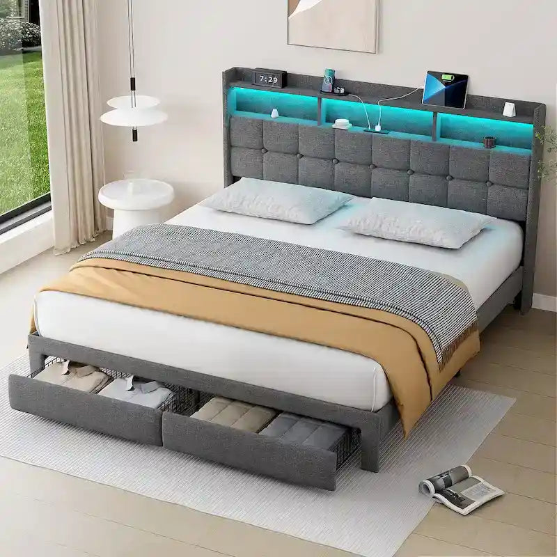 Letto matrimoniale king size con testiera di ricarica, luci RGB e porte USB da 20W