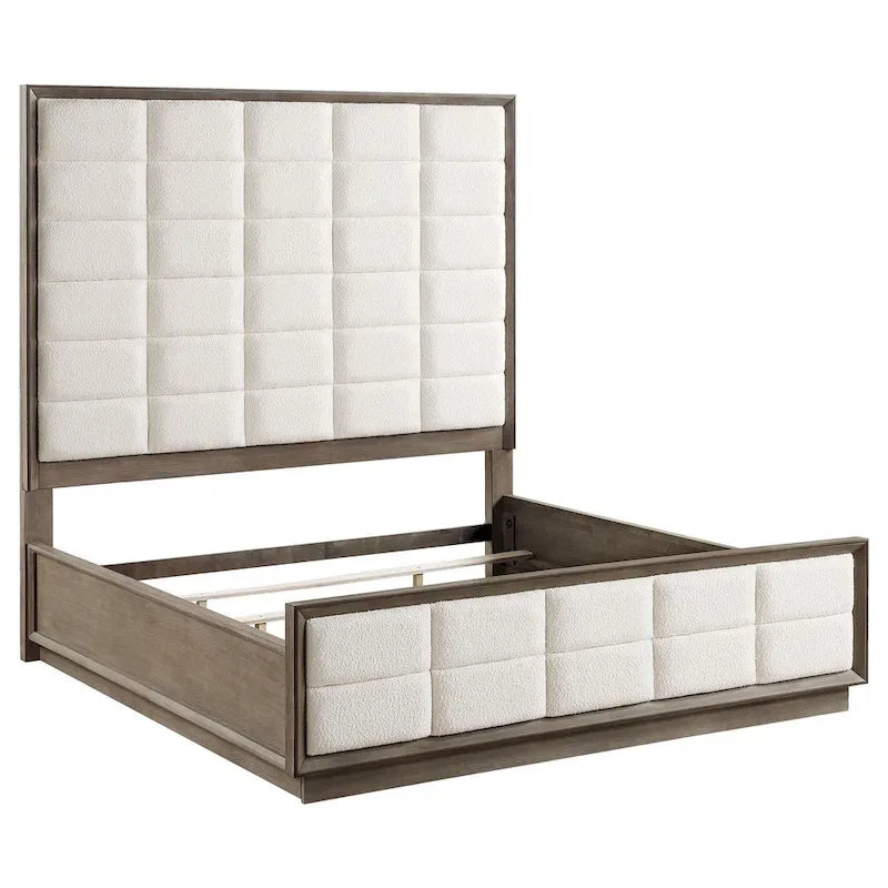 Letto King Size con Testiera Imbottita Avorio con Trapuntatura a Griglia e Finitura in Legno Rovere Marrone