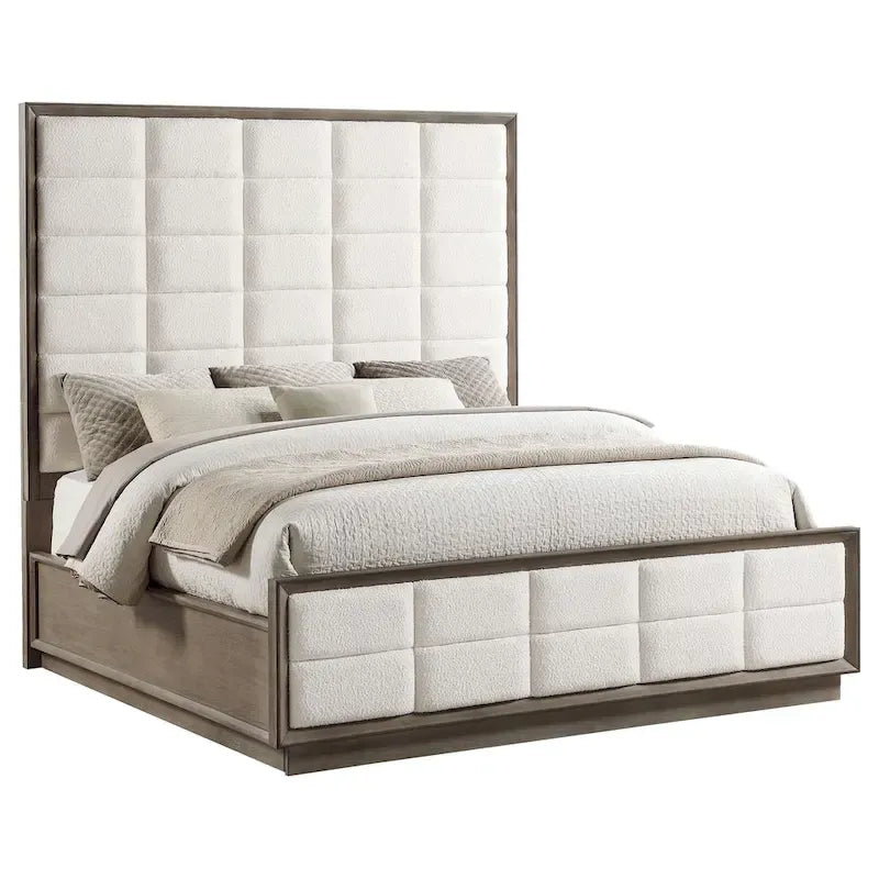 Letto King Size con Testiera Imbottita Avorio con Trapuntatura a Griglia e Finitura in Legno Rovere Marrone