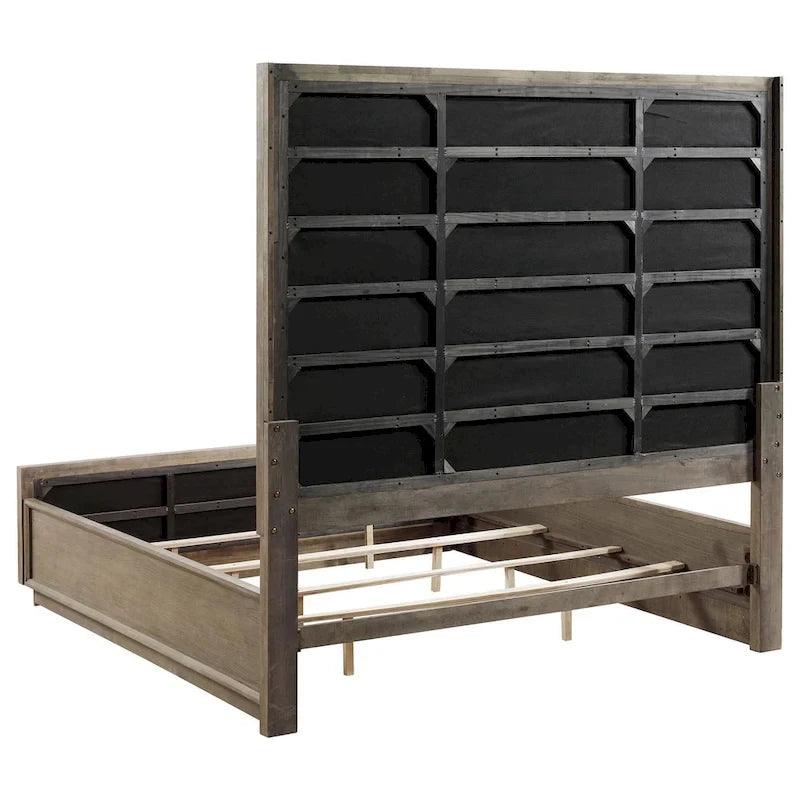 Letto King Size con Testiera Imbottita Avorio con Trapuntatura a Griglia e Finitura in Legno Rovere Marrone