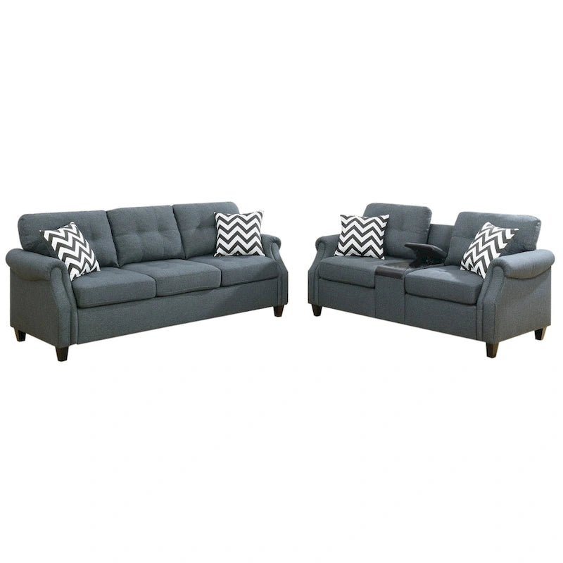 Modern 2 Piece Sofa Set, Loveseat and Pillows, USB Console, Cupholder, Gray