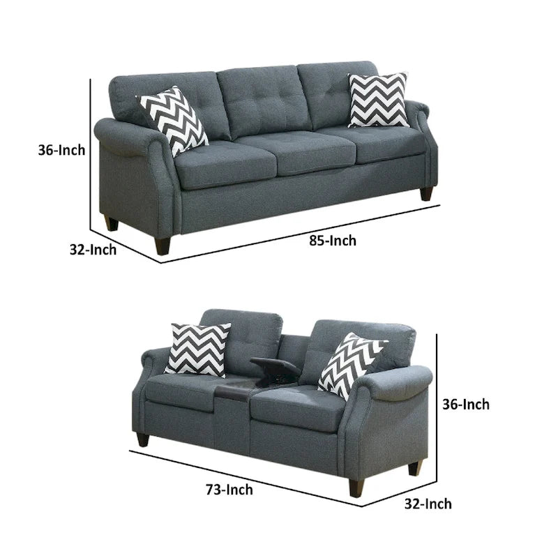 Set divano moderno 2 pezzi, divanetto e cuscini, console USB, portabicchieri, grigio