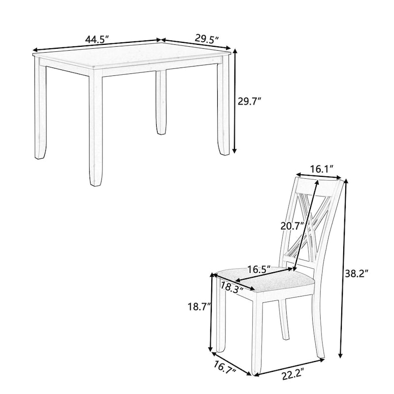 Set tavolo e sedie in legno da 5 pezzi, set tavolo da pranzo da cucina per 4 persone con tavolo rettangolare e 4 sedie imbottite con schienale a X