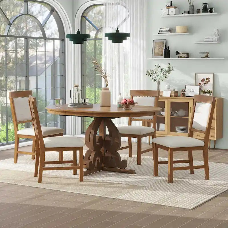 Set da pranzo da cucina 5 pezzi, set tavolo rotondo in legno estensibile con prolunga e 4 sedie imbottite con borchie decorative