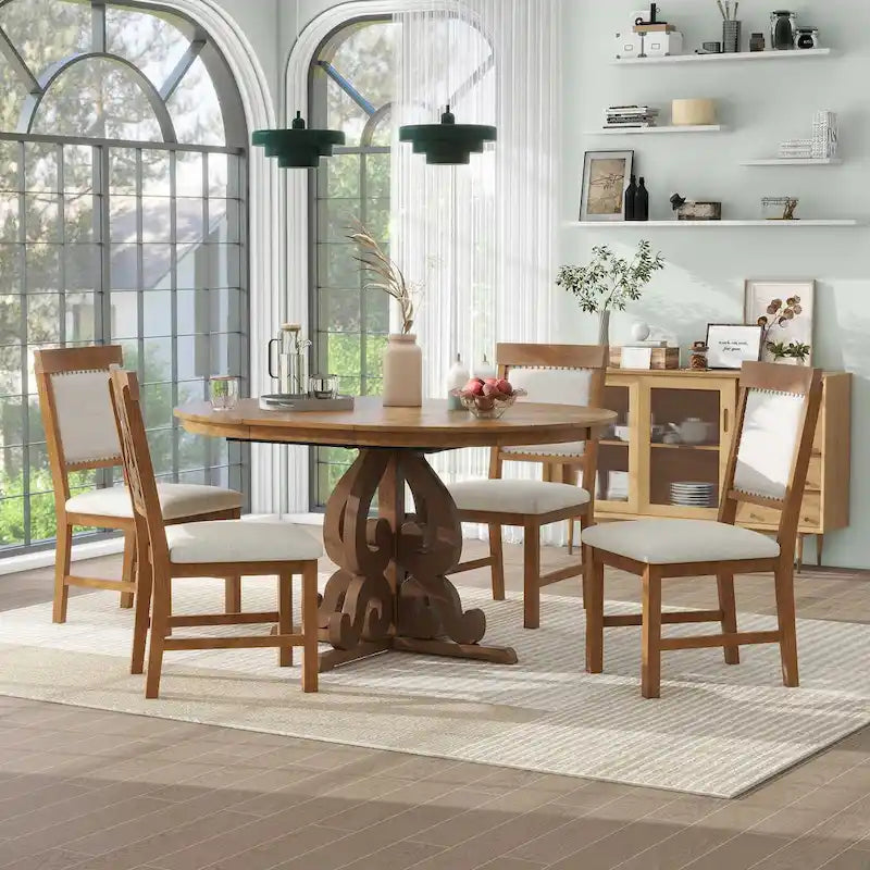 Set da pranzo da cucina 5 pezzi, set tavolo rotondo in legno estensibile con prolunga e 4 sedie imbottite con borchie decorative