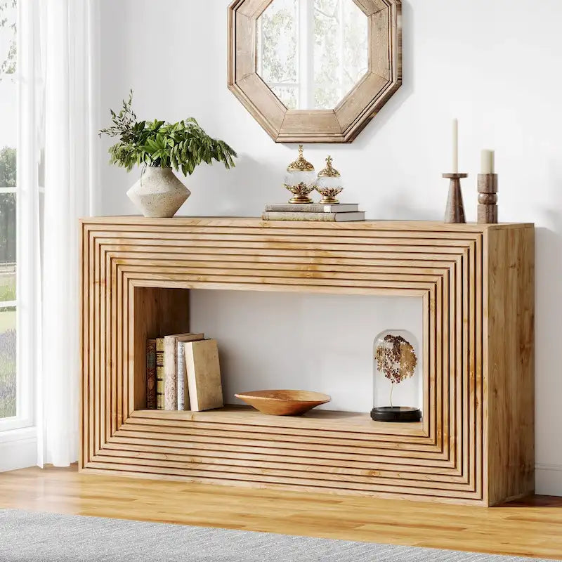 Tavolino consolle lungo 150 cm per soggiorno, tavolino da ingresso stretto in legno