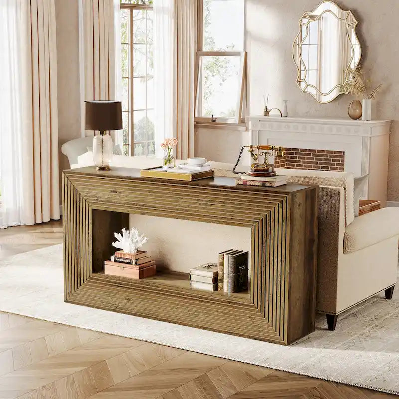Tavolino consolle lungo 150 cm per soggiorno, tavolino da ingresso stretto in legno