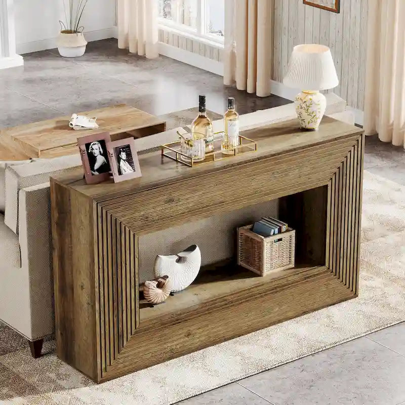 Tavolino consolle lungo 150 cm per soggiorno, tavolino da ingresso stretto in legno