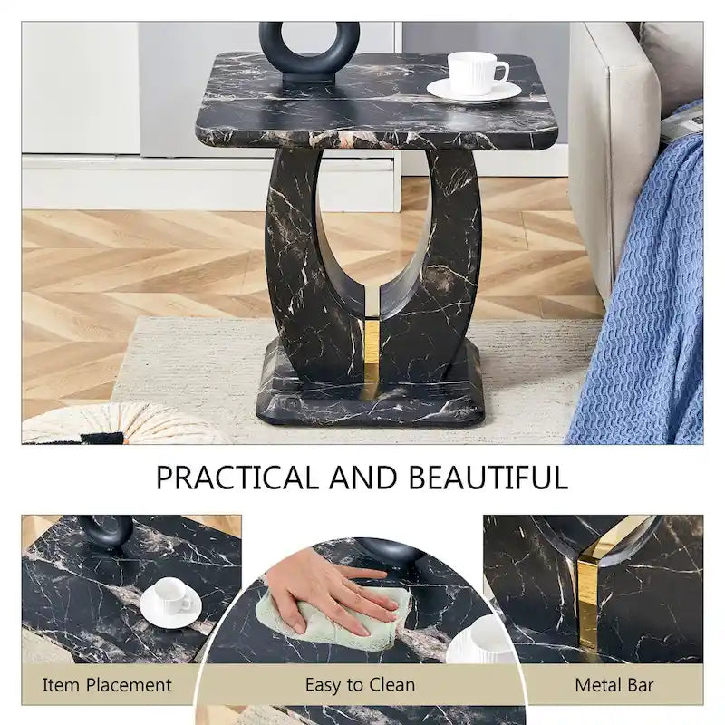 Tavolino quadrato moderno da 23,6 pollici con strisce decorative placcate in oro per soggiorno