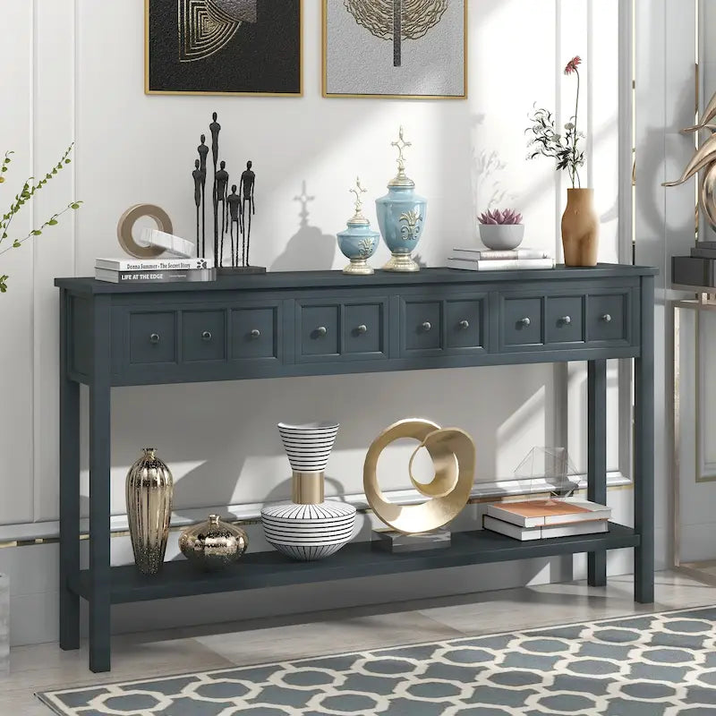 Tavolo Consolle Rustico da Ingresso con 4 Cassetti e Ripiano Inferiore