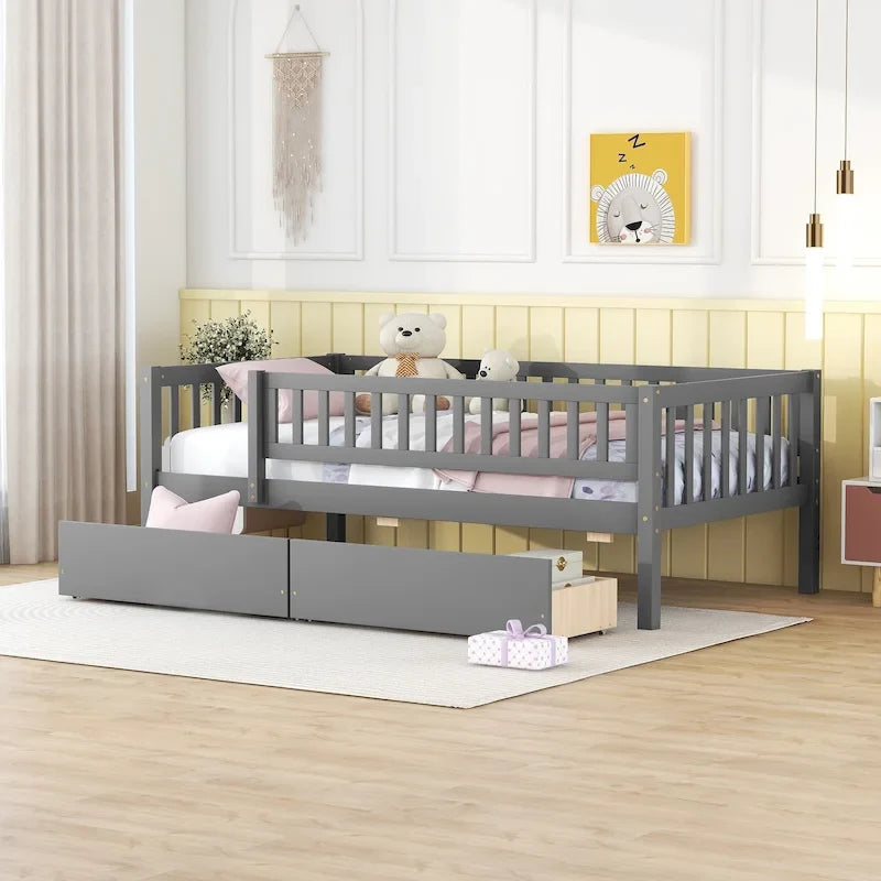 Letto a Giorno in Legno con Due Cassetti, Singolo, Grigio