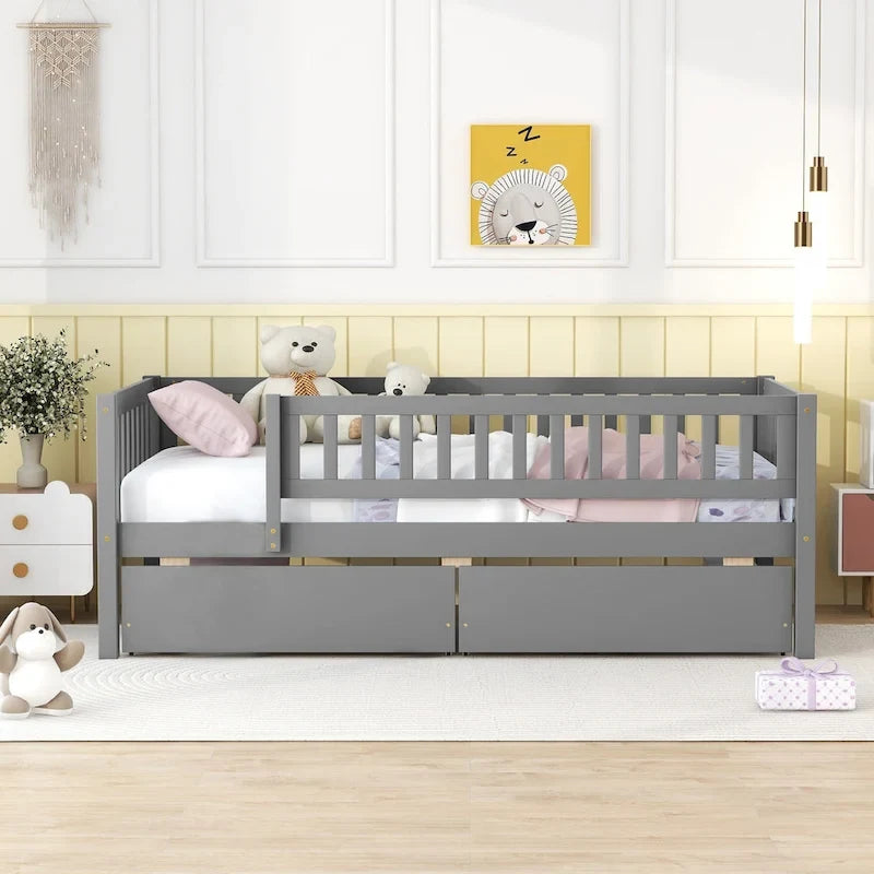 Letto a Giorno in Legno con Due Cassetti, Singolo, Grigio