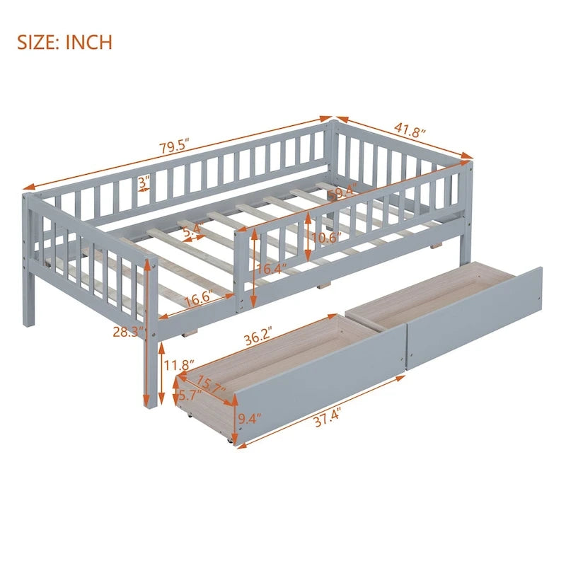 Letto a Giorno in Legno con Due Cassetti, Singolo, Grigio