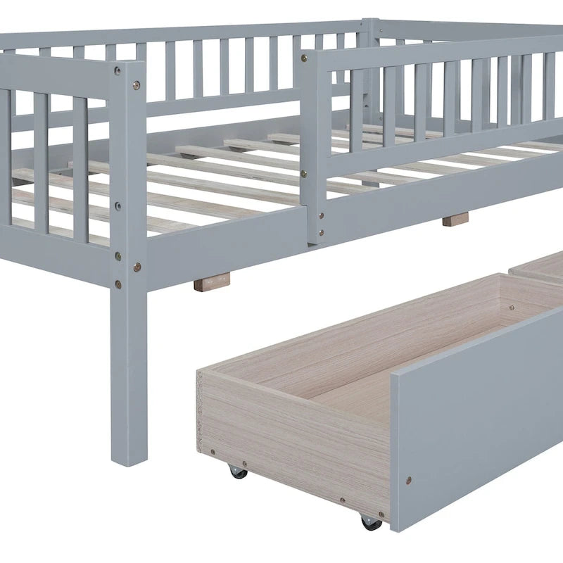 Letto a Giorno in Legno con Due Cassetti, Singolo, Grigio