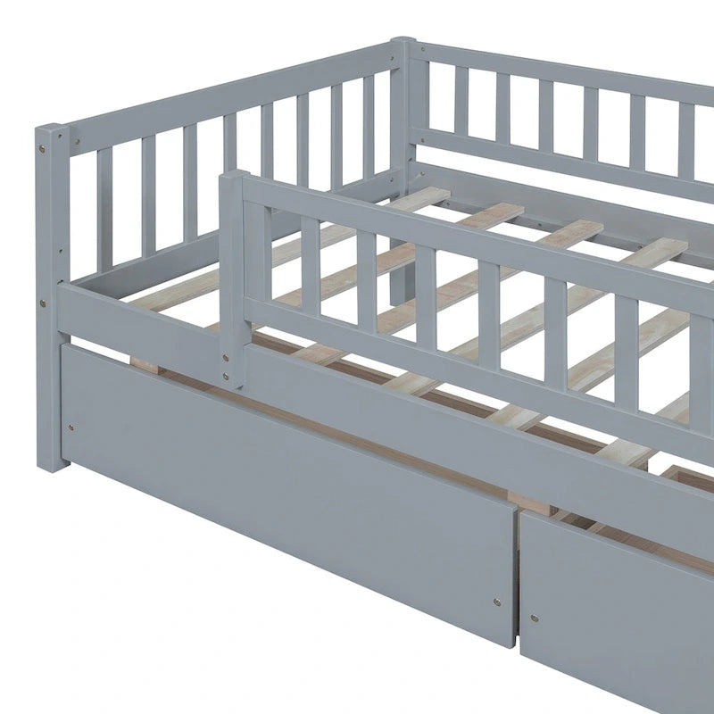 Letto a Giorno in Legno con Due Cassetti, Singolo, Grigio