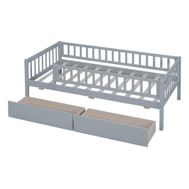 Letto a Giorno in Legno con Due Cassetti, Singolo, Grigio