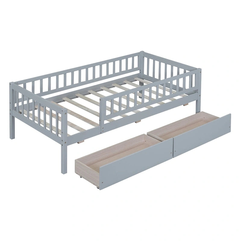 Letto a Giorno in Legno con Due Cassetti, Singolo, Grigio