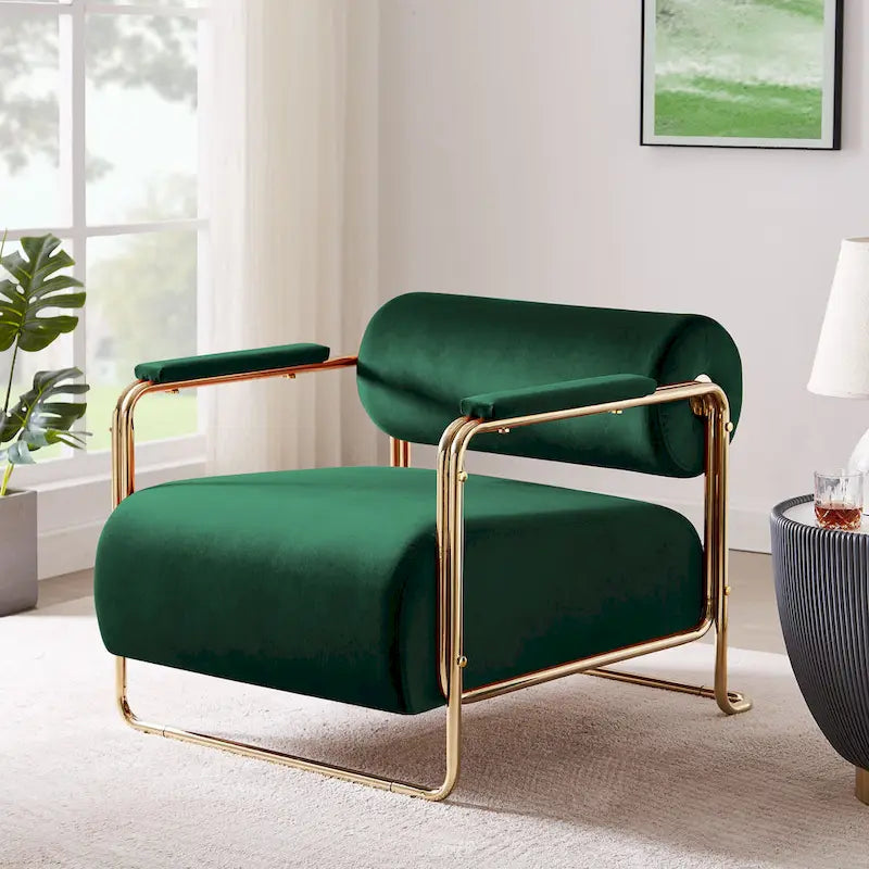 Poltrona futuristica larga 31" in velluto con struttura in oro lucido e schienale cilindrico