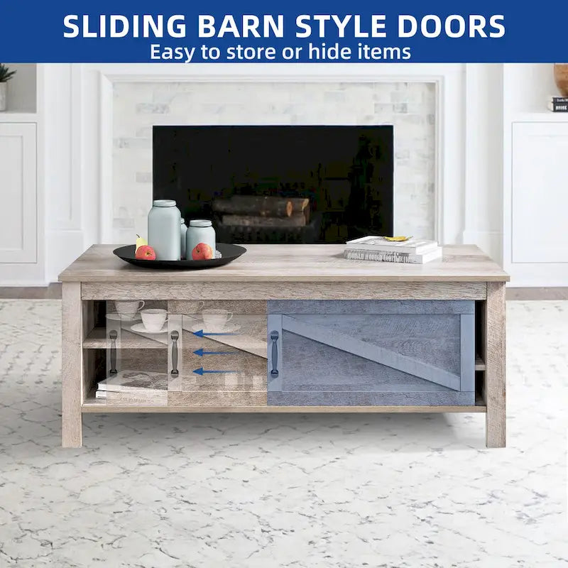 Tavolino rettangolare da caffè in stile rustico con ripiani regolabili e anta scorrevole a granaio