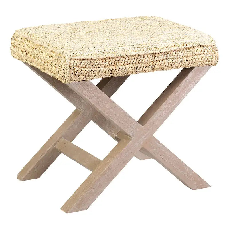 Pouf Ottomano Fatto a Mano in Rafia Naturale e Legno