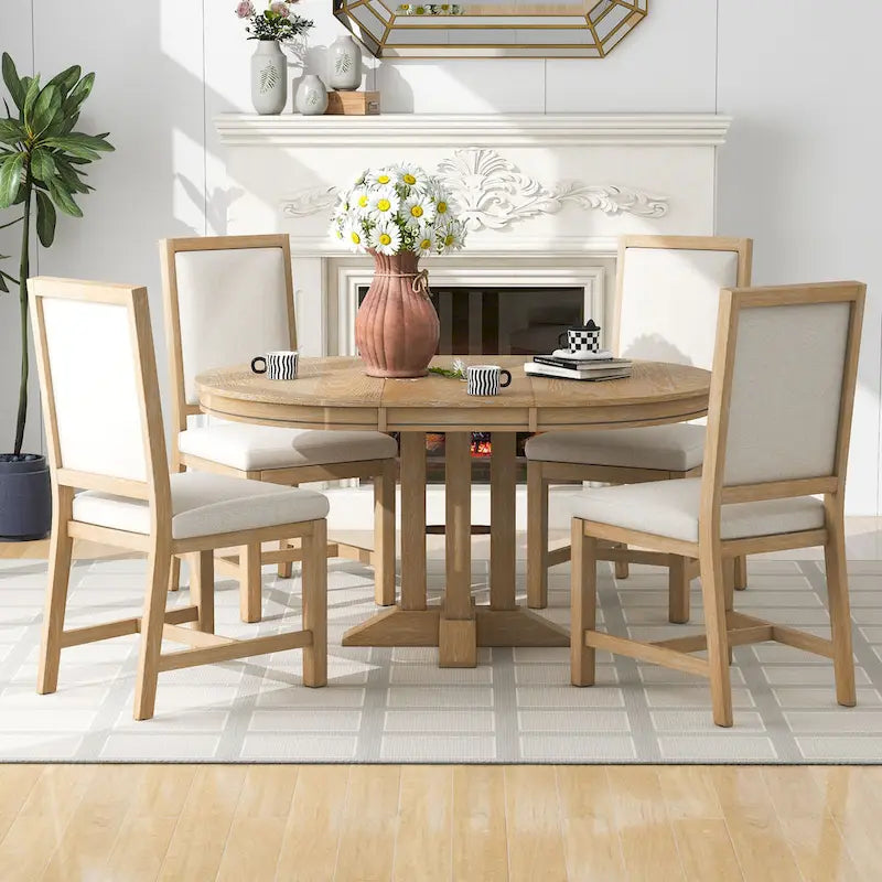 Set da pranzo 5 pezzi con tavolo rotondo allungabile e 4 sedie imbottite, Set da pranzo stile rustico