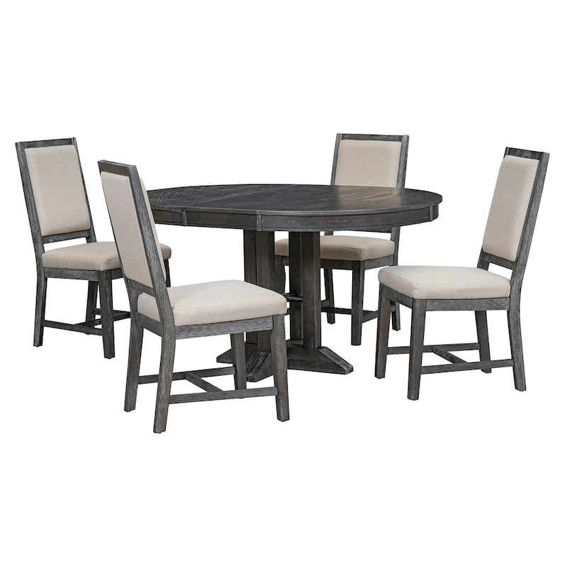 Set da pranzo 5 pezzi con tavolo rotondo allungabile e 4 sedie imbottite, Set da pranzo stile rustico