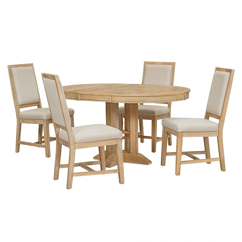 Set da pranzo 5 pezzi con tavolo rotondo allungabile e 4 sedie imbottite, Set da pranzo stile rustico