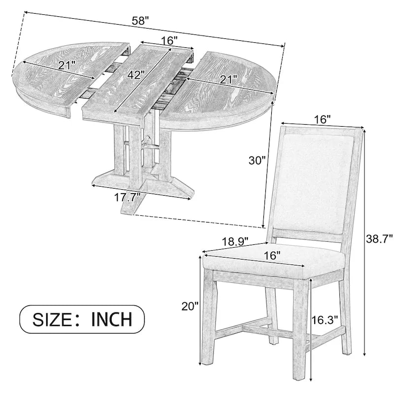 Set da pranzo 5 pezzi con tavolo rotondo allungabile e 4 sedie imbottite, Set da pranzo stile rustico