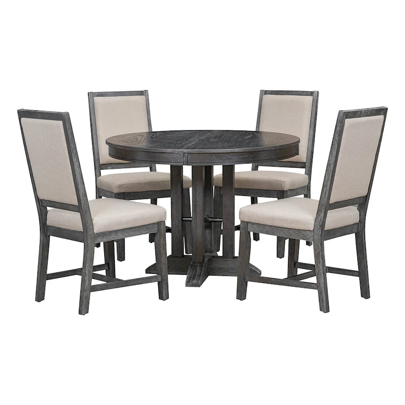 Set da pranzo 5 pezzi con tavolo rotondo allungabile e 4 sedie imbottite, Set da pranzo stile rustico