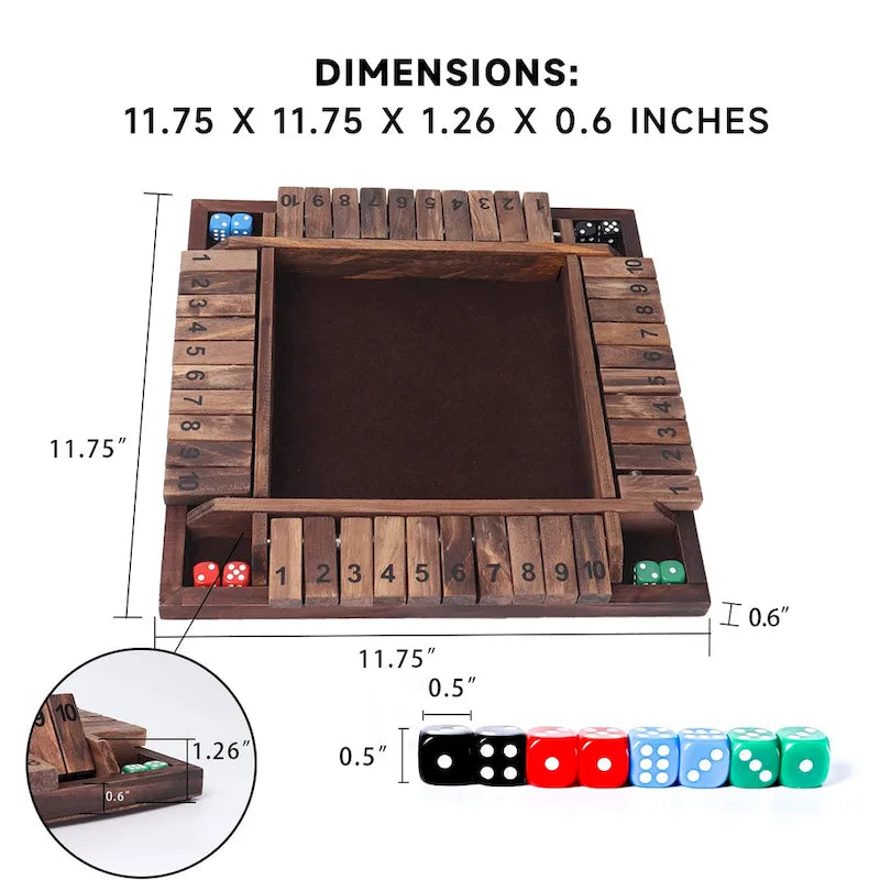 Gioco da tavolo in legno Shut The Box a 10 numeri per 4 giocatori per serate di giochi in famiglia, giochi da tavolo con dadi, giochi da bar