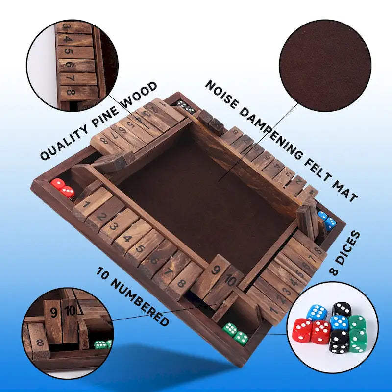 Gioco da tavolo in legno Shut The Box a 10 numeri per 4 giocatori per serate di giochi in famiglia, giochi da tavolo con dadi, giochi da bar