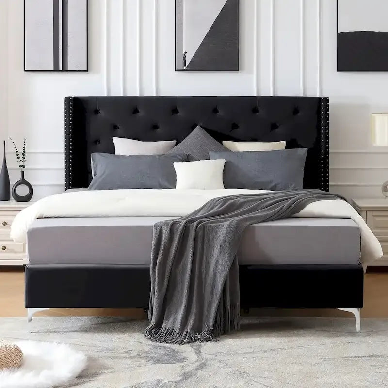 Struttura Letto con Piattaforma Queen Size Rivestita in Velluto con Gambe in Metallo da 15 cm