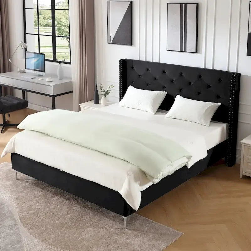 Struttura Letto con Piattaforma Queen Size Rivestita in Velluto con Gambe in Metallo da 15 cm