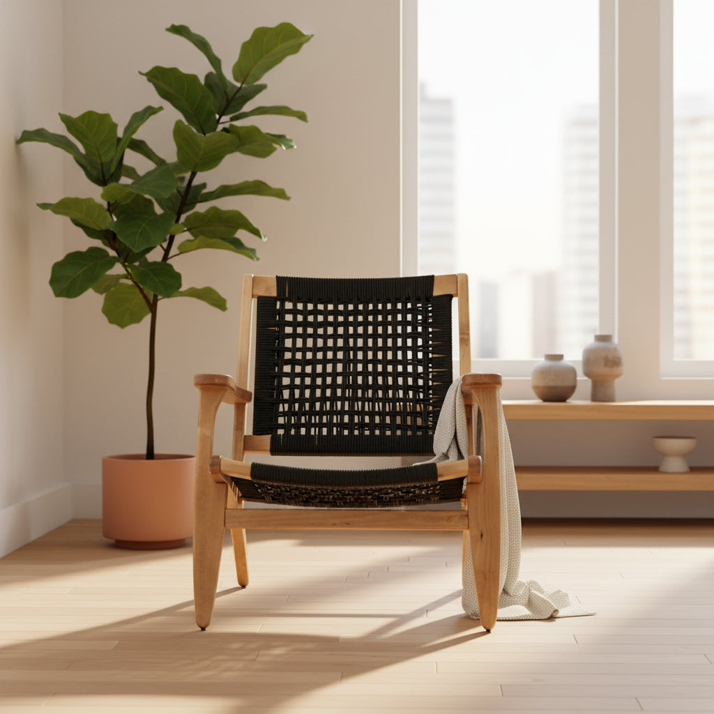 Accent Chair with Rope Woven Seat and Wooden Frame, Brown and Black