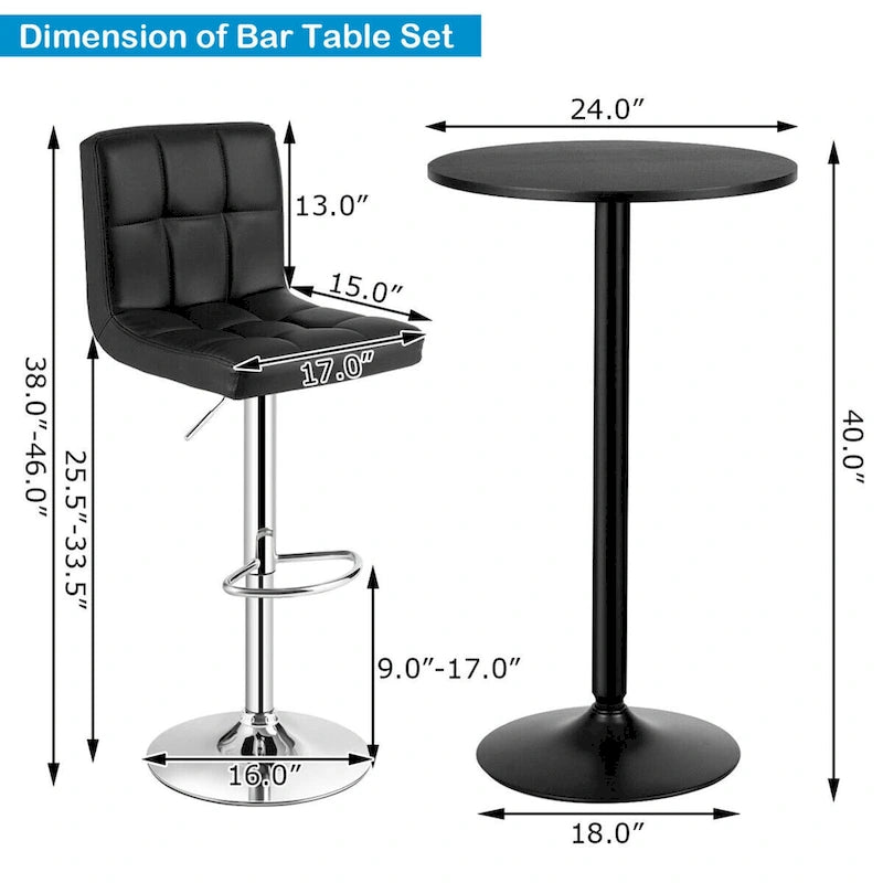 Set tavolo da pub 3 pezzi con tavolo rotondo da 60 cm e 2 sgabelli da bar regolabili