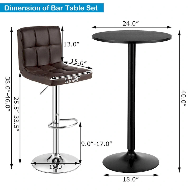 Set tavolo da pub 3 pezzi con tavolo rotondo da 60 cm e 2 sgabelli da bar regolabili