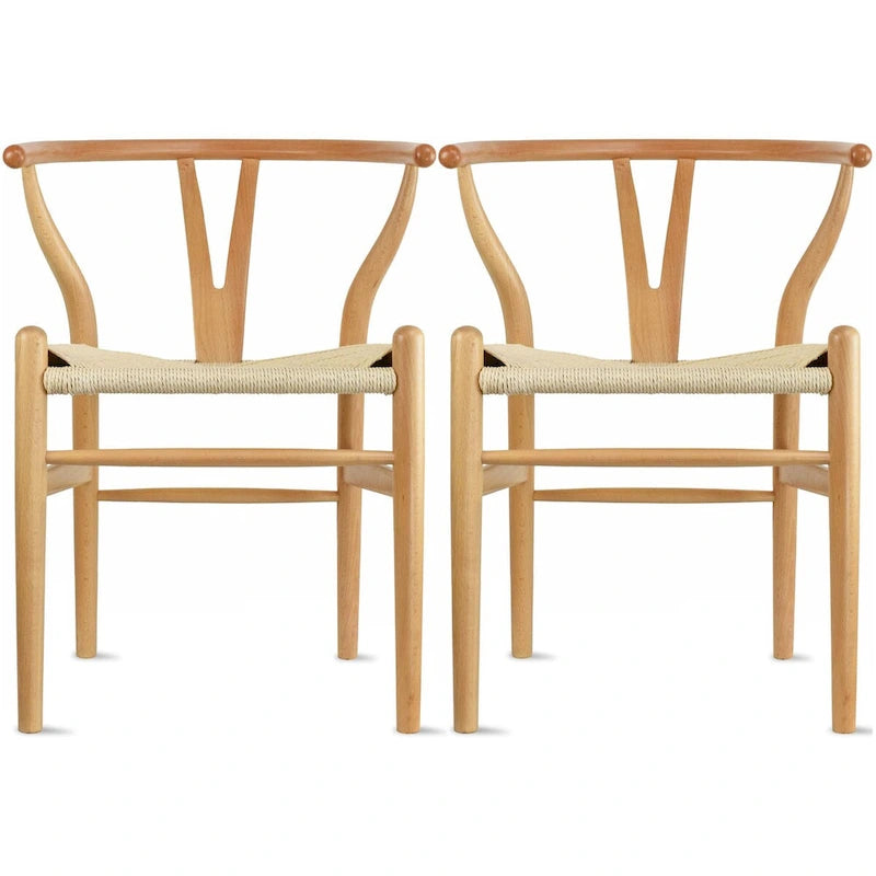 Set di 2 sedie da pranzo moderne in legno naturale con braccioli a Y e schienale, seduta in canapa, per casa, ristorante, ufficio, scrivania, cucina
