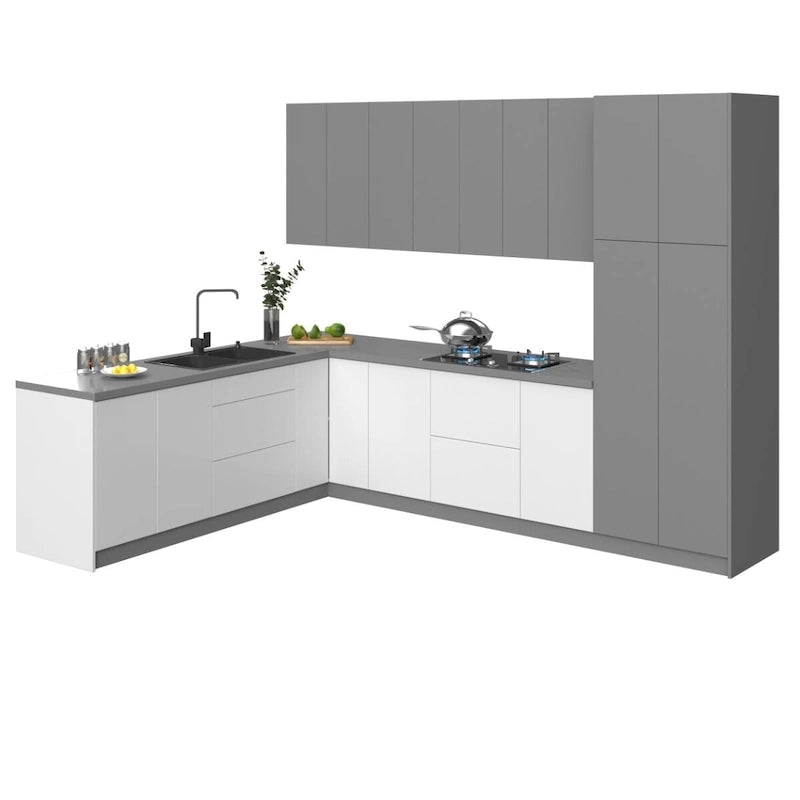 Set di mobili da cucina moderni - Bianco lucido e grigio, 2,4x3 metri (126x96)