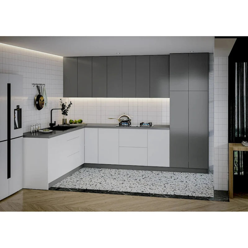 Set di mobili da cucina moderni - Bianco lucido e grigio, 2,4x3 metri (126x96)