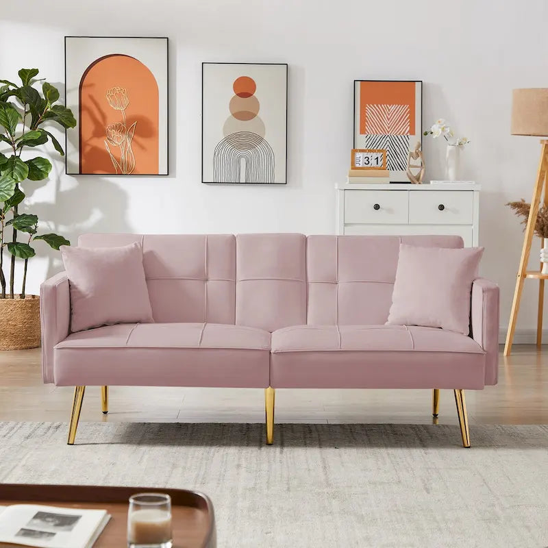 Pink Velvet Sofa Bed, Converts, Adjustable Positions, Central Armrest