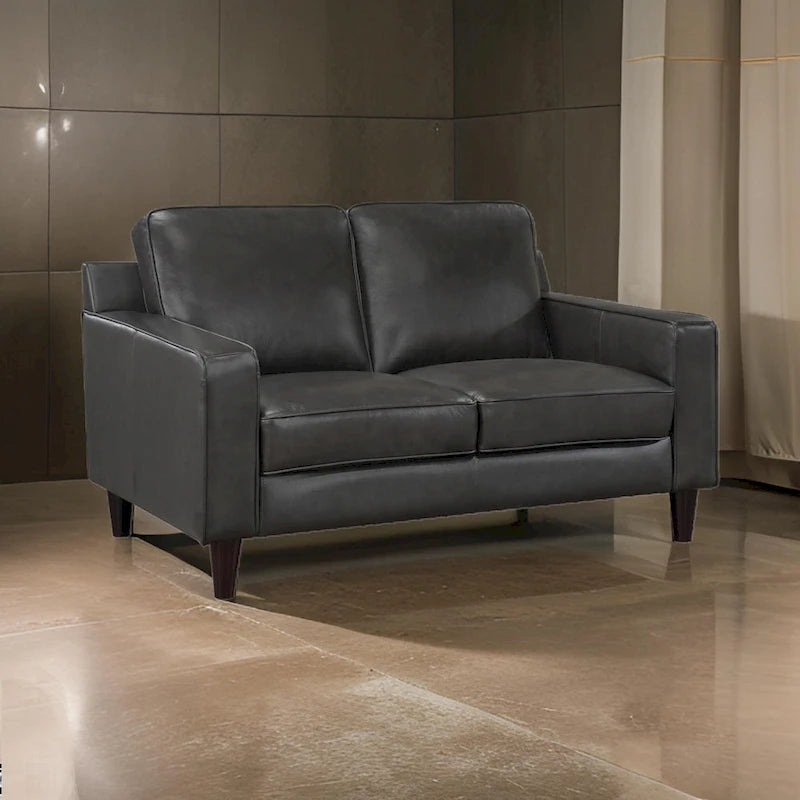 Richie 60 Inch Loveseat, Gray Top Grain and Faux Leather, Solid Wood