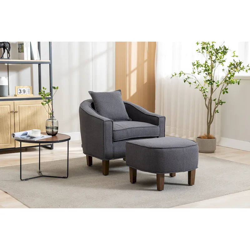 Poltrona a botte rotonda imbottita Mid-Century con pouf poggiapiedi