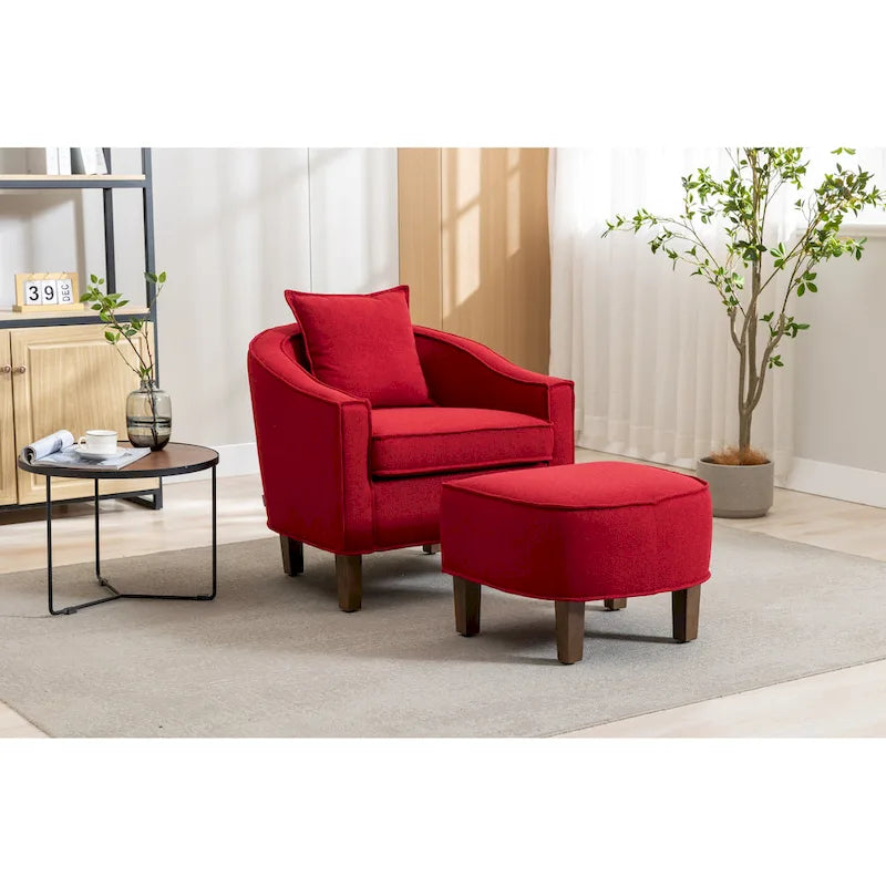 Poltrona a botte rotonda imbottita Mid-Century con pouf poggiapiedi
